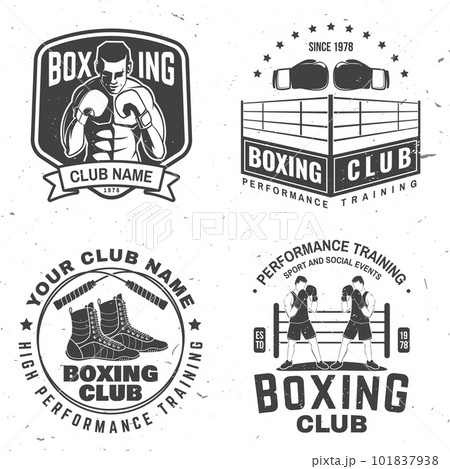 Set of Boxing club badge, logo design. Vector illustration. For Boxing sport club emblem, sign, patch, shirt, template. Vintage monochrome label, sticker with Boxer, gloves, boxing jump rope and shoes Set of Boxing club badge, logo design. Vector illustration. For Boxing sport club emblem, sign, patch, shirt, template. Vintage monochrome label, sticker with Boxer, gloves, boxing jump rope and shoes 101837938