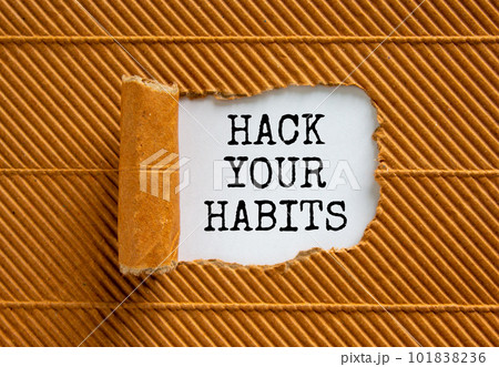 Hack your habits symbol. Words 'Hack your habits' appearing behind torn brown paper. Beautiful brown background. Business, psychology and hack your habits concept, copy space. 101838236