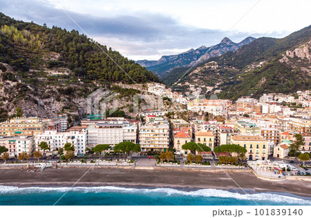 Aerial drome sunset view of resort village Minori Amalfi coast Italy 101839140