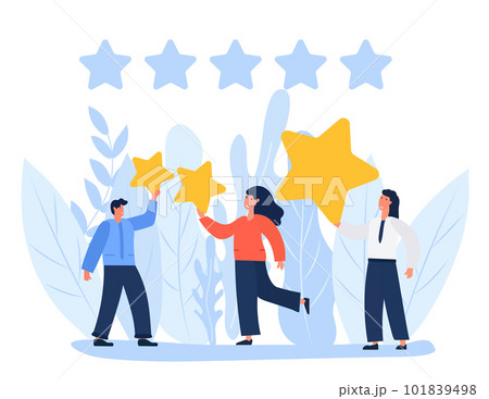 A vector illustration of people holding stars and giving a five-star rating as feedback. Customers and clients choose their satisfaction rating and leave positive reviews to evaluate their experiences 101839498