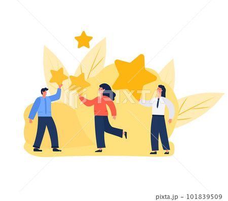 A vector illustration of people holding stars and giving a five-star rating as feedback. Customers and clients choose their satisfaction rating and leave positive reviews to evaluate their experiences 101839509