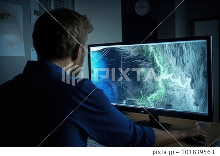 Meteorologist monitoring weather forecast at monitor screen. Generative AI 101839563