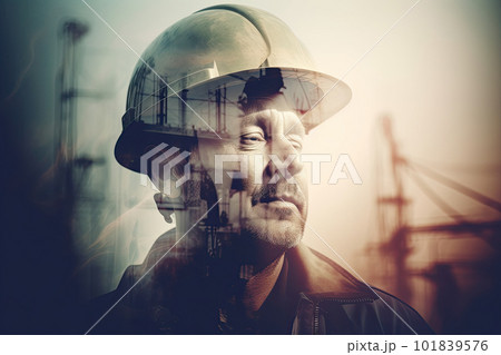 Silhouette of industrial worker with oil refinery plant as background. Generative AI 101839576