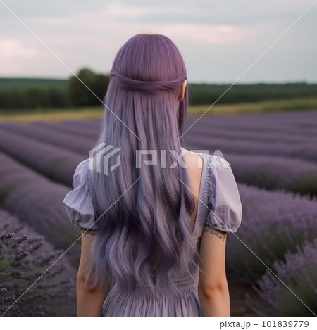 Beautiful girl with long purple violet hair on the background of fields of blooming lavender landscape, color harmony, beautiful illustration, unusual background, creative wallpaper, 101839779