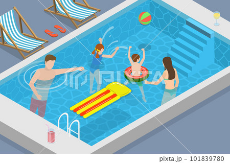 3D Isometric Flat Vector Conceptual Illustration of Family Pool Time 101839780