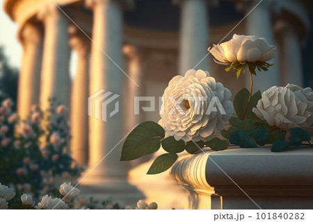 White Flowers, Greece Morning, Romantic Journey Concept, Abstract Generative AI Illustration 101840282