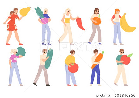 People holding huge fruits and vegetable. Delicious vitamin food, tiny person carry raw banana and apple. Healthy eating, happy snugly vector teenagers 101840356