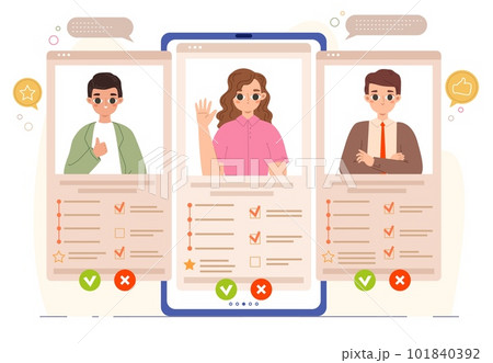 Online resume, candidates list on smartphone or laptop. New form recruiting, profiling and search employee. Selecting worker snugly vector scene 101840392