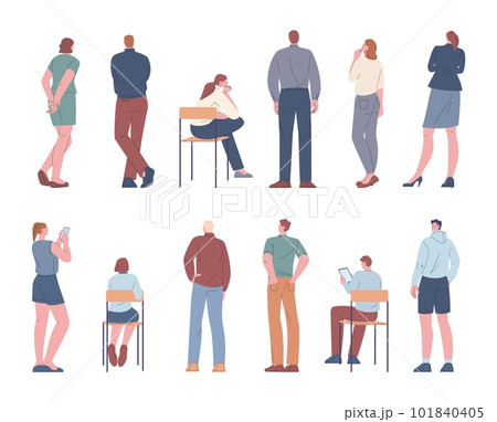 People in different poses, standing and sitting on chairs rear view. Isolated backs adult women and men, workers and business kicky vector characters 101840405