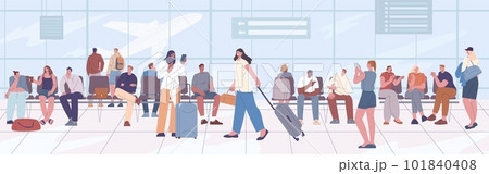 Airport waiting room, couple sitting in lounge. Business room, travel international people in terminal. Tourist arrival and departing kicky vector scene 101840408