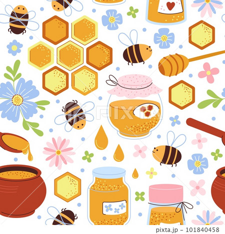 Honey sweet seamless pattern. Bee on meadow, beekeeping. Natural dessert in spoon, flying insects. Harvest elements, honeycomb decent vector print Honey sweet seamless pattern. Bee on meadow, beekeeping. Natural dessert in spoon, flying insects. Harvest elements, honeycomb decent vector print 101840458