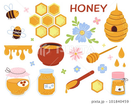 Honey flat elements, beekeeping industry. Jars and liquid caramel syrup, honeycombs and bee. Organic farm fresh food and floral decent vector set Honey flat elements, beekeeping industry. Jars and liquid caramel syrup, honeycombs and bee. Organic farm fresh food and floral decent vector set 101840459