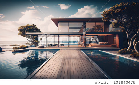 Luxury Wood Terrace, Wood Architecture, Modern Eco Hotel Drawing Imitation, Abstract Generative AI Illustration 101840479