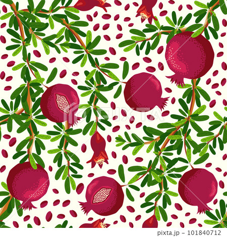 Pomegranate branches with fruits and flowers Seamless pattern. Bright leaves and fruits. Jewish New Year Pomegranate branches with fruits and flowers Seamless pattern. Bright leaves and fruits. Jewish New Year 101840712
