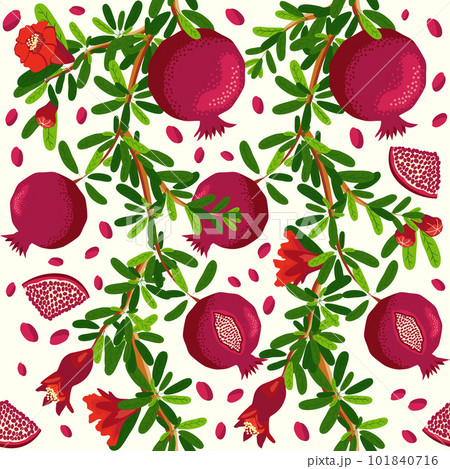 Pomegranate branches with fruits and flowers Seamless pattern. Bright leaves and fruits. Jewish New Year Pomegranate branches with fruits and flowers Seamless pattern. Bright leaves and fruits. Jewish New Year 101840716
