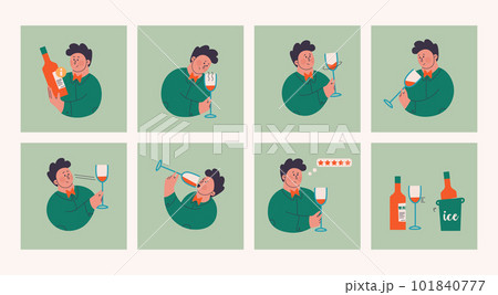 A cute character studies information on a bottle of wine, tastes, color and smells red wine. Assesses the blend and awards stars to the wine. Vector illustrations for wine tasting design. 101840777
