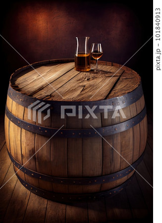 Wine Barrel in Winery Cellar, Old Whiskey, Alcohol Keg, Wine Barrel Mockup, Abstract Generative AI Illustration 101840913