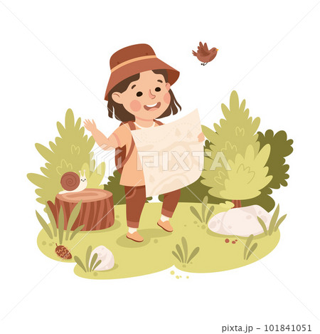Cute Girl with Backpack Hiking and Trekking with Map Exploring Nature Vector Illustration 101841051