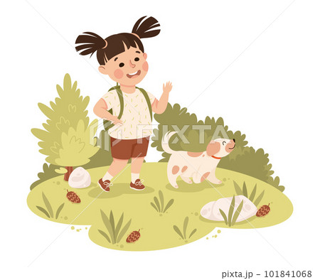 Cute Girl with Backpack and Dog Hiking and Trekking Exploring Nature Vector Illustration 101841068