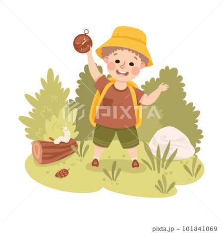 Cute Boy with Backpack and Compass Hiking and Trekking Exploring Nature Vector Illustration 101841069