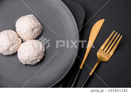 Delicious healthy steamed chicken cutlets or minced meatballs 101841192