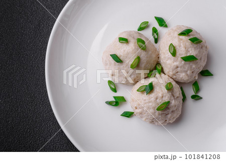 Delicious healthy steamed chicken cutlets or minced meatballs Delicious healthy steamed chicken cutlets or minced meatballs 101841208