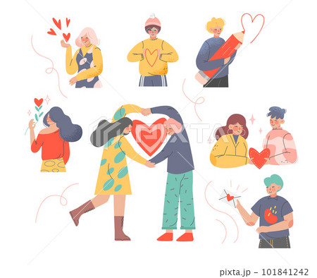 Young Enamoured Man and Woman with Love Heart Feeling Passion Vector Set 101841242