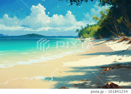 Tropical Coast with White Sand, Beautiful Paradise Beach, Palm Trees, Sun, Sea, Generative AI Illustration 101841254