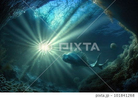Underwater Sun Rays, Deep Water Sunlight, Under Sea Sunbeams Background, Abstract Generative AI Illustration 101841268