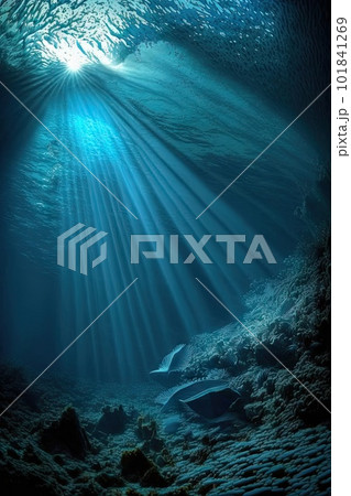 Underwater Sun Rays, Deep Water Sunlight, Under Sea Sunbeams Background, Abstract Generative AI Illustration Underwater Sun Rays, Deep Water Sunlight, Under Sea Sunbeams Background, Abstract Generative AI Illustration 101841269