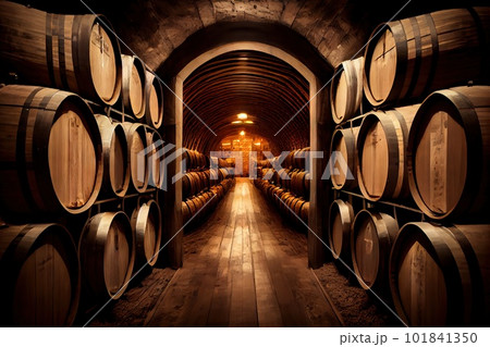 Old Wine Cellar with Oak Barrels, Winery Basement, Wine Cellar Abstract Generative AI Illustration Old Wine Cellar with Oak Barrels, Winery Basement, Wine Cellar Abstract Generative AI Illustration 101841350