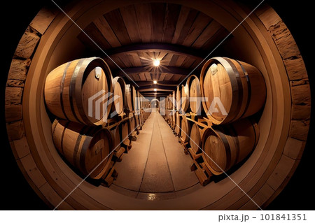 Old Wine Cellar with Oak Barrels, Winery Basement, Wine Cellar Abstract Generative AI Illustration 101841351
