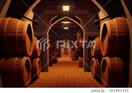 Old Wine Cellar with Oak Barrels, Winery Basement, Wine Cellar Abstract Generative AI Illustration 101841353
