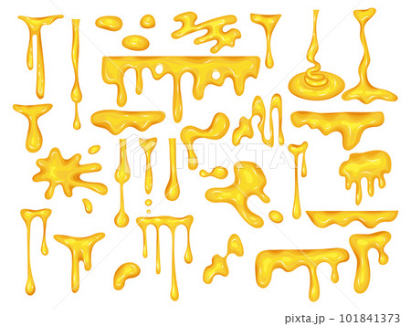 Liquid honey. Sweet organic natural splashes of yellow food recent vector cartoon template 101841373