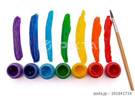 Jars with rainbow colors isolated on white background. Top view. 101841719