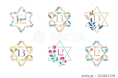 Jewish symbol. Star of David with leaves, flowers collection. Bat and Bar Mitzvah concept design Jewish symbol. Star of David with leaves, flowers collection. Bat and Bar Mitzvah concept design 101841728