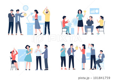 Colleagues clapping and congratulation. Applaud flat workers, office businepeople clap. Work progress, partnership and business process recent vector scenes 101841759