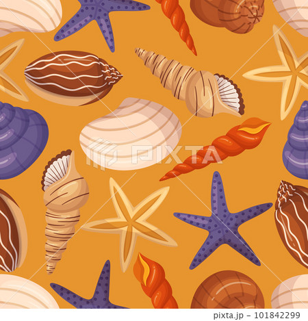 Seamless Pattern With Seashells And Starfishes In Vibrant Colors, Creating Playful And Charming Marine-themed Design 101842299