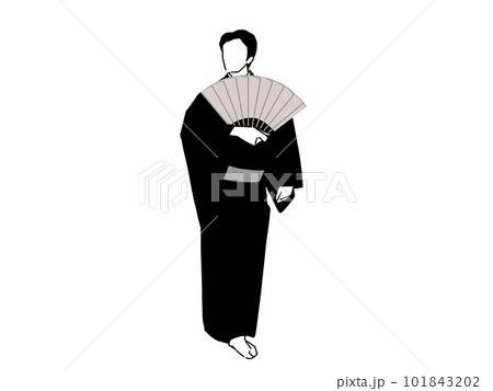 扇子を広げて日本舞踊をする着物姿の男性 扇子を広げて日本舞踊をする着物姿の男性 101843202