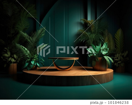 Cosmetics product advertising stand. Exhibition wooden podium on green background with leaves and shadows. Empty pedestal to display product packaging. Mockup. Generative AI. Cosmetics product advertising stand. Exhibition wooden podium on green background with leaves and shadows. Empty pedestal to display product packaging. Mockup. Generative AI. 101846238
