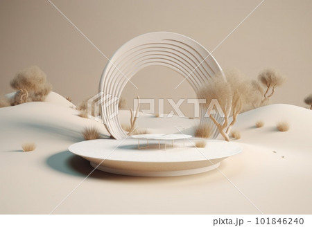 Podium on sand background. Display with sunshade and shadow on the background for cosmetic perfume fashion natural product. Generative AI. Podium on sand background. Display with sunshade and shadow on the background for cosmetic perfume fashion natural product. Generative AI. 101846240