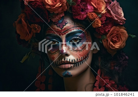 Portrait of a woman with sugar skull makeup over dark background. Halloween costume and make-up. Portrait of Calavera Catrina. Generative AI. Portrait of a woman with sugar skull makeup over dark background. Halloween costume and make-up. Portrait of Calavera Catrina. Generative AI. 101846241