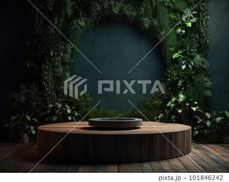 Cosmetics product advertising stand. Exhibition wooden podium on green background with leaves and shadows. Empty pedestal to display product packaging. Mockup. Generative AI. 101846242