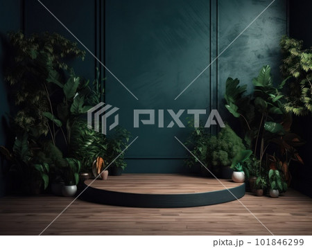 Cosmetics product advertising stand. Exhibition wooden podium on green background with leaves and shadows. Empty pedestal to display product packaging. Mockup. Generative AI. 101846299