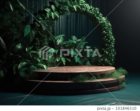 Cosmetics product advertising stand. Exhibition wooden podium on green background with leaves and shadows. Empty pedestal to display product packaging. Mockup. Generative AI. Cosmetics product advertising stand. Exhibition wooden podium on green background with leaves and shadows. Empty pedestal to display product packaging. Mockup. Generative AI. 101846310