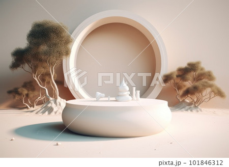 Podium on sand background. Display with sunshade and shadow on the background for cosmetic perfume fashion natural product. Generative AI. Podium on sand background. Display with sunshade and shadow on the background for cosmetic perfume fashion natural product. Generative AI. 101846312