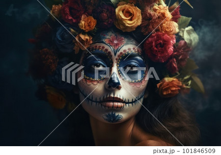 Portrait of a woman with sugar skull makeup over dark background. Halloween costume and make-up. Portrait of Calavera Catrina. Generative AI. 101846509