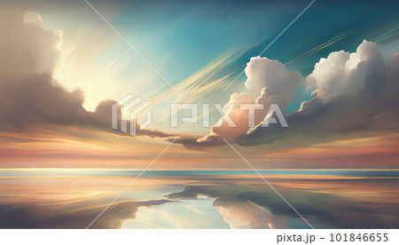 Generative AI, Horizon Hues: A Serene Abstract Cloudscape of Soft Colors and Calming Shapes 101846655