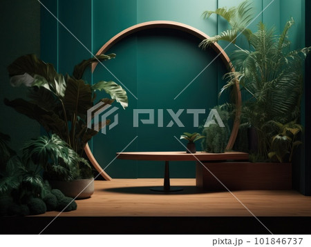 Cosmetics product advertising stand. Exhibition wooden podium on green background with leaves and shadows. Empty pedestal to display product packaging. Mockup. Generative AI. 101846737