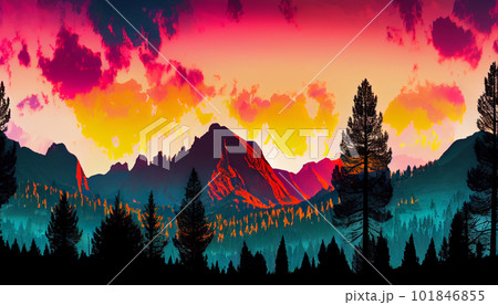 Generative AI, Silhouettes and Shadows: A Dramatic Mountain Sunset 101846855